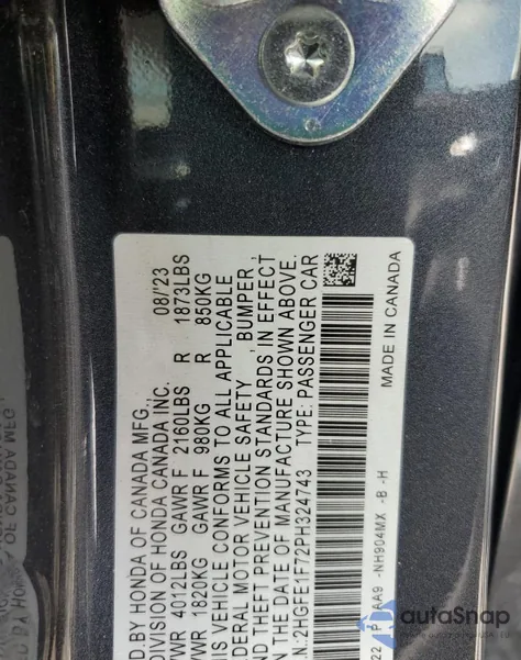 2023 Honda Civic Ex z USA, uszkodzony, nr VIN 2HGFE1F72PH324743